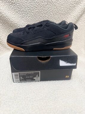 Jordan Black Suede Low-Top Sneakers with Gum Outsole and Red Stitching